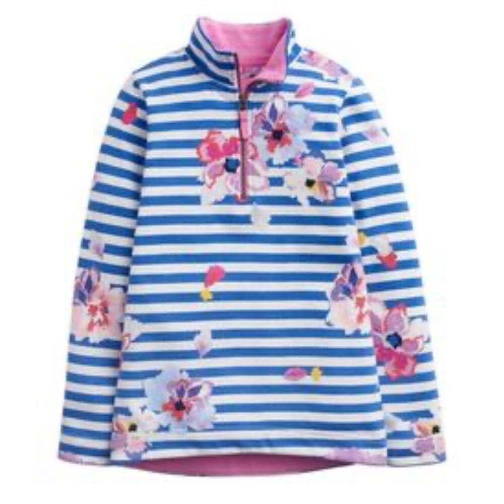 Joules Girls Quarter Zip Pullover Sweater Blue Stripe Pink Floral